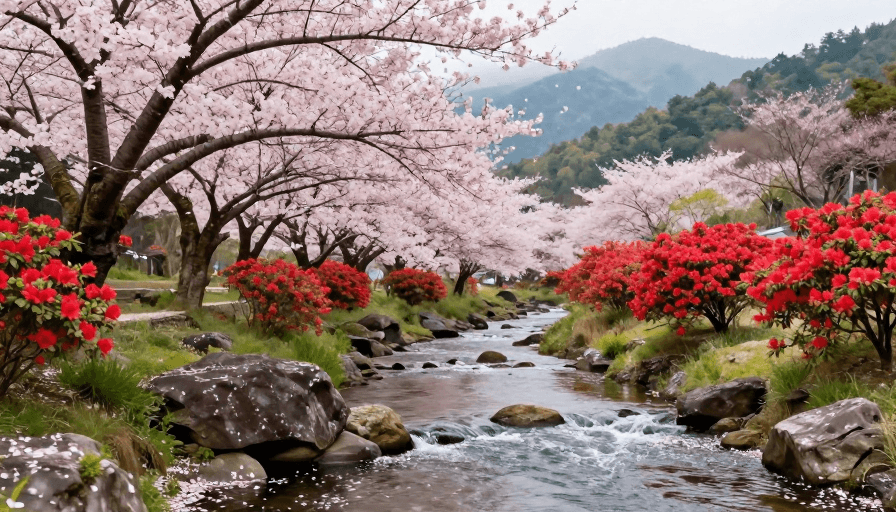 樱花素材：春日樱花溪流：自然光影下的绝美风光