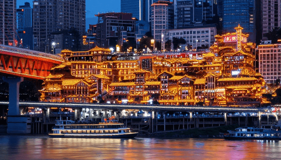 旅游宣传素材：重庆洪崖洞夜景：灯火辉煌的吊脚楼与现代都市交融