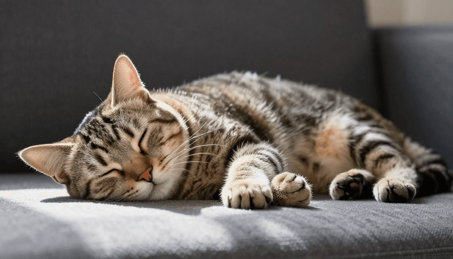 侧逆光素材：温馨时刻：虎斑猫在沙发上的宁静睡眠