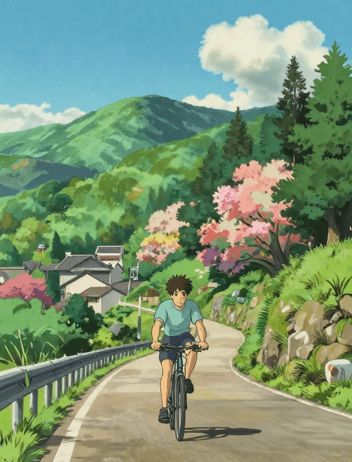公路风景素材：宫崎骏风：青山骑行，青春与自然的邂逅