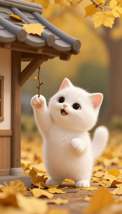 Q版风格素材：秋日屋檐小奶猫的可爱瞬间：微距摄影捕捉