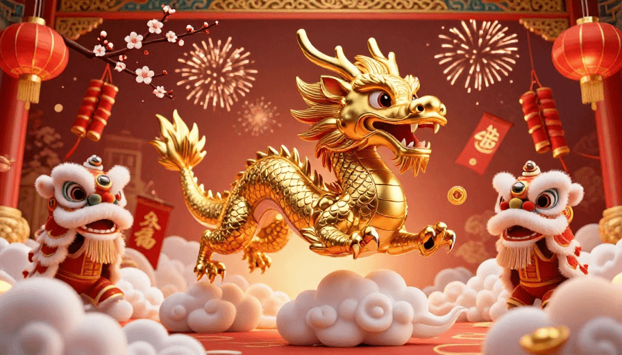 中国元素素材：金鳞腾云，新春祥瑞：三维卡通龙飞越吉祥祥云