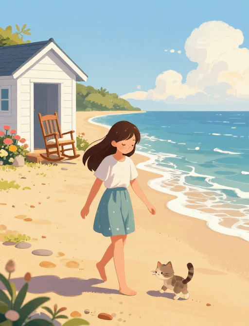宠物互动素材：治愈系海边插画：阳光沙滩与猫咪的静谧时光