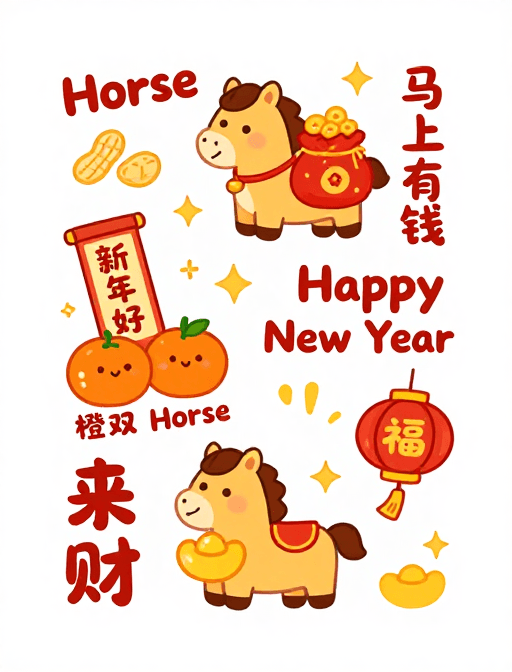 财富象征素材：喜庆新年卡通插画，马驮金元宝送财富祝福