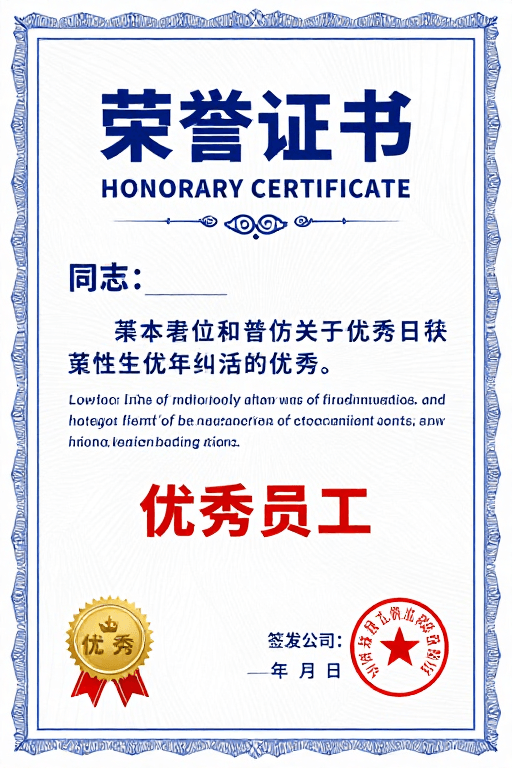 荣誉证书素材：蓝白配色优秀员工荣誉证书海报