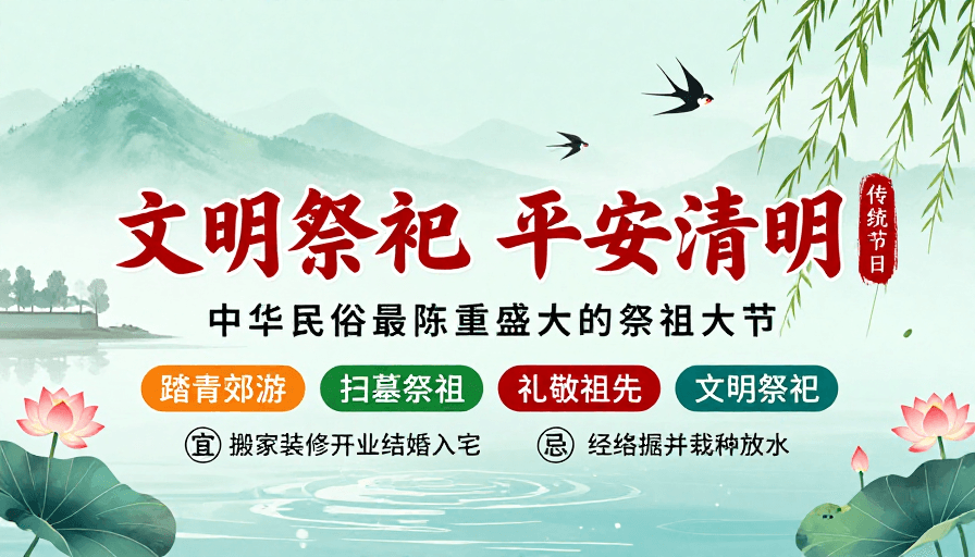 传统书法素材：青绿水墨清明风·文明祭祀平安海报