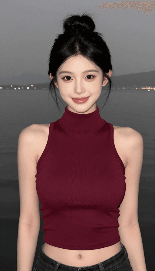 清新甜美素材：酒红色丝质礼服展现杭州西湖夜色中的现代气质美女