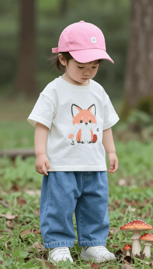 儿童主题装饰素材：梦幻粉狐幼崽森林拾菌萌趣图