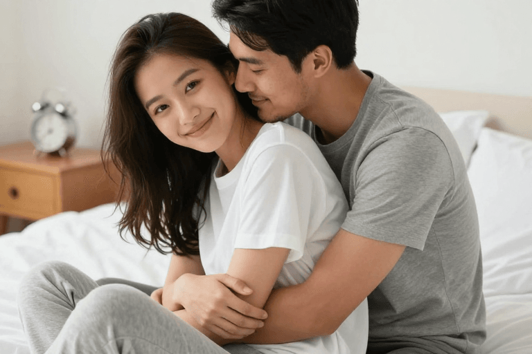 广告用途素材：温馨拥抱：亚洲情侣晨间生活瞬间