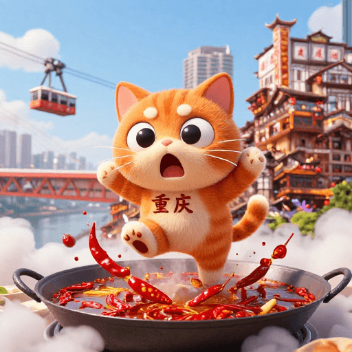 Q版设计素材：橘猫跃火锅：Q版国潮重庆风情