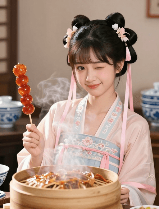 蒸笼热气素材：三渲二古风小厨娘立绘：糖葫芦 wink 与青花瓷蒸笼