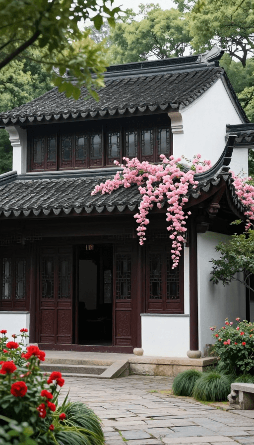 青石台阶素材：中式古建庭院实景：瓦顶花木与青石阶的写意之美
