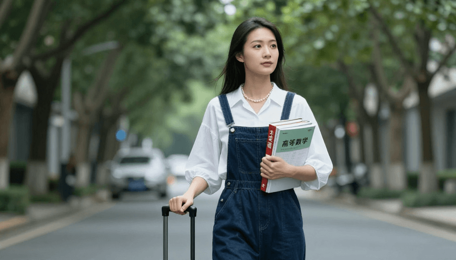 校园学习素材：专注学习的亚洲学子：书本与行李箱的都市学习瞬间
