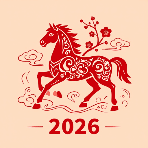 文化插画素材：中国风红色骏马插画，2026新年祝福
