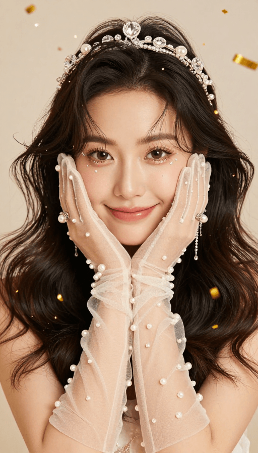 女性写真素材：水晶发饰下的温柔微笑：梦幻女性写真
