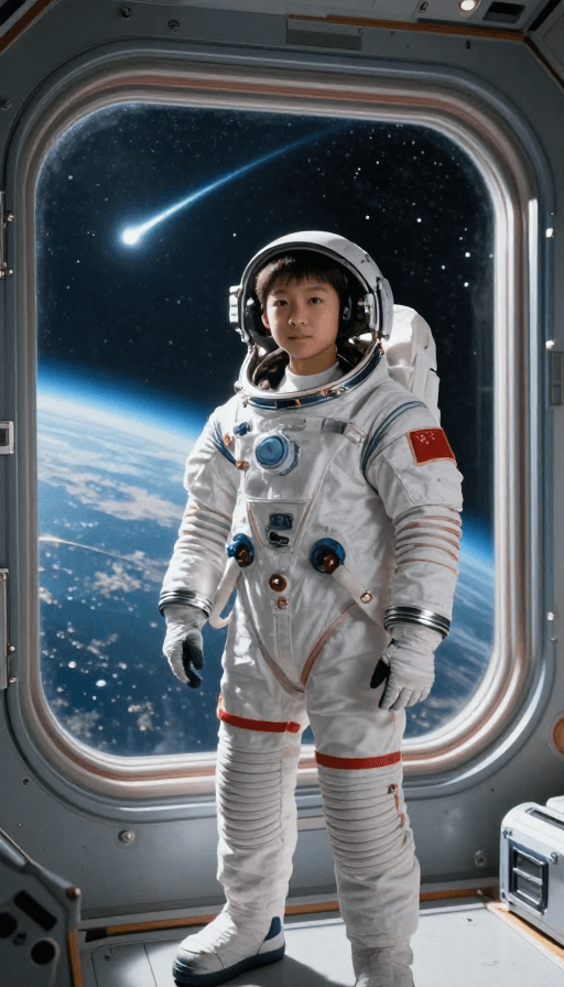 科幻场景素材：少年宇航员在空间站凝视流星：真实电影级光影捕捉