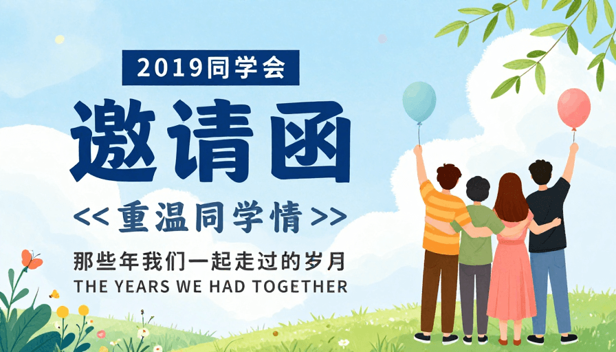 邀请函设计素材：2019青春怀旧：清新插画风同学会邀请函