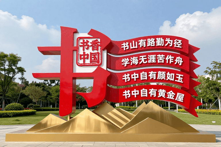 光影效果素材：红色‘书’字书香中国文化艺术装置