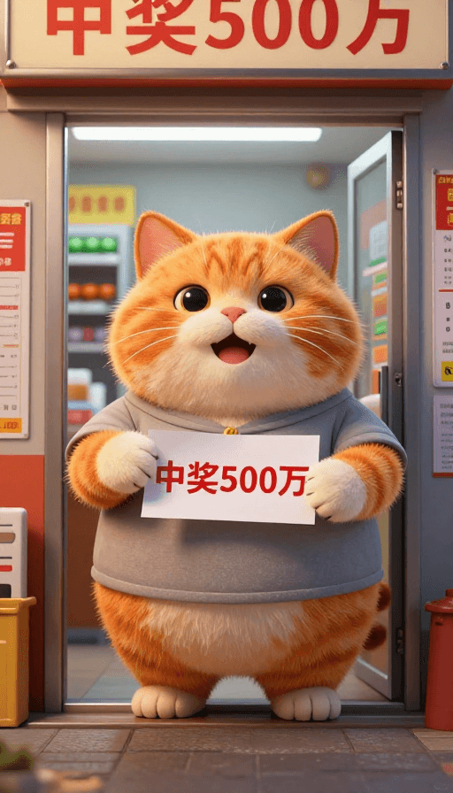拟人化角色素材：幸运大橘猫8K实拍：彩票站门口狂喜中奖500万！
