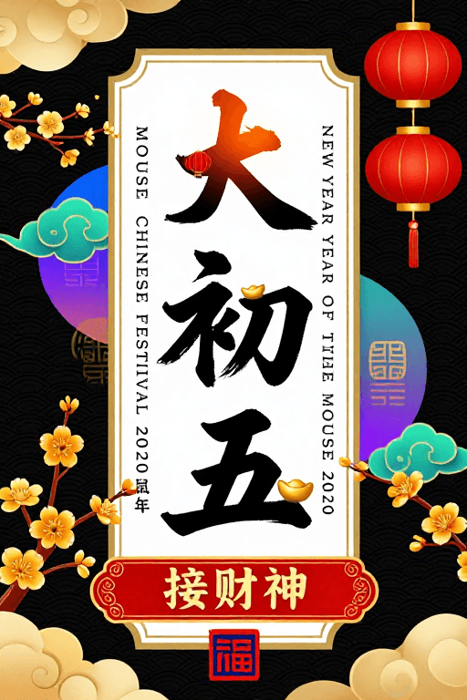 文化主题素材：中国风大年初五海报：金色祥云与红梅辉映的喜庆艺术画面