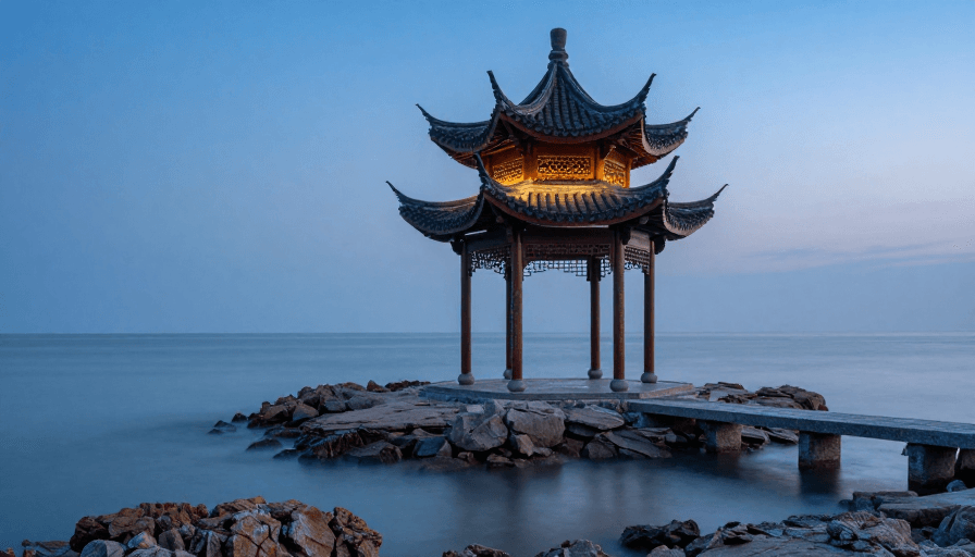 暖光照明素材：暮色海礁上的中式飞檐亭阁：东方美学意境