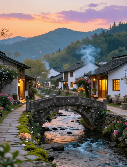 温暖色调素材：春日晨景：拱桥与炊烟下的宁静家园