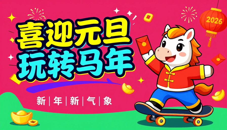 元旦素材：元旦马年双喜临门 潮流插画海报