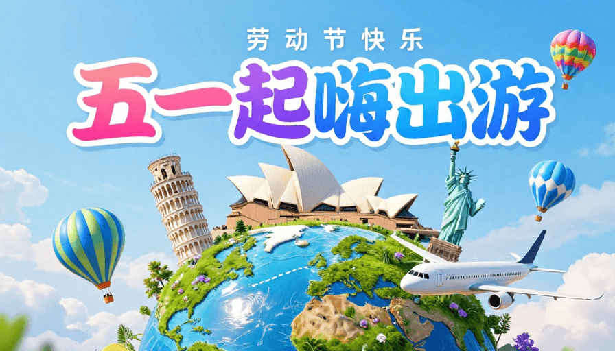 插画风素材：梦幻清新插画风五一出游海报，邀您嗨游世界