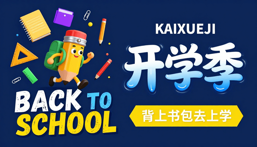 文具元素素材：活力开学季：深蓝童趣动态文具插画海报