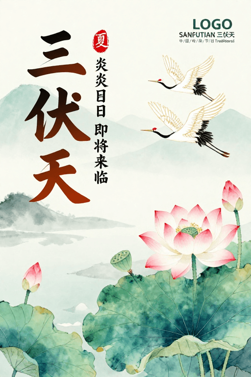 文化海报素材：水墨淡雅三伏天：传统节气艺术海报