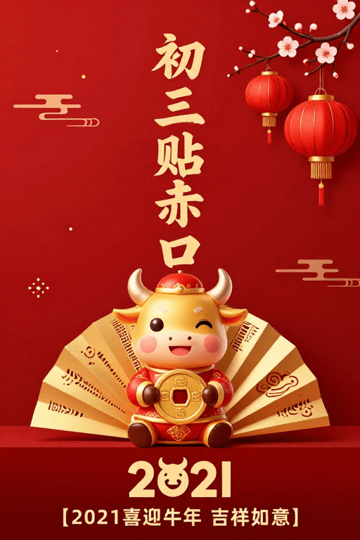 新年祝福素材：2021牛年春节海报：红色喜庆传统中国风新年祝福