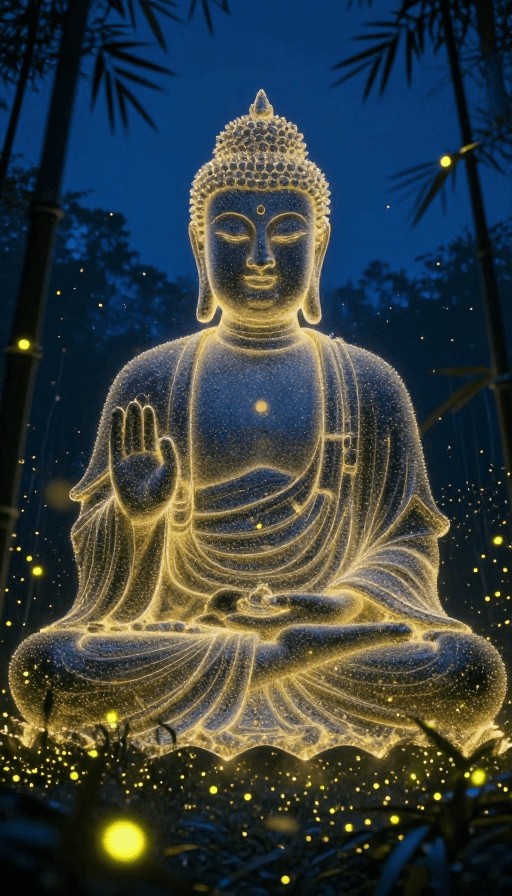 高精度渲染素材：超现实佛像：萤火虫夜空中光芒普照