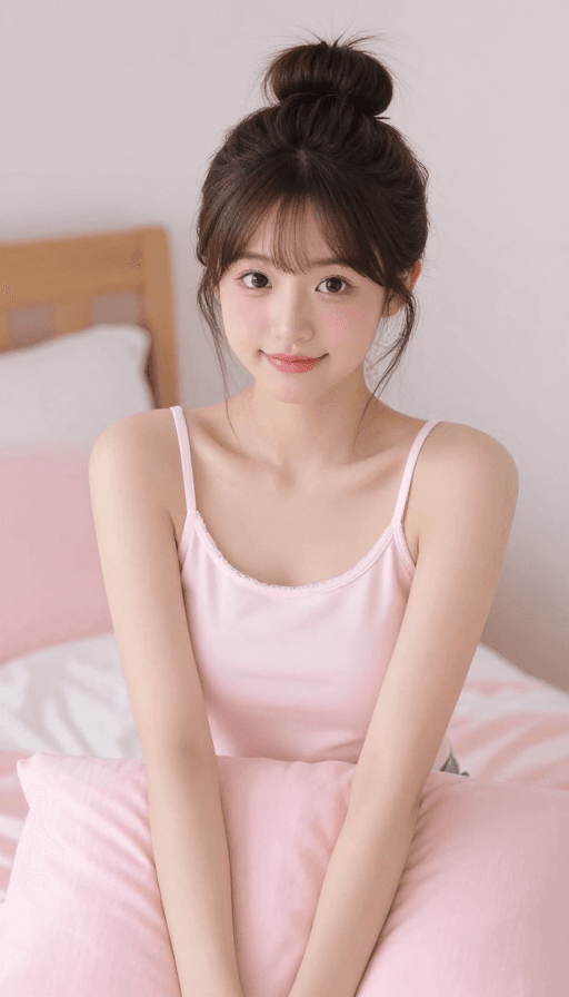 甜美风格素材：日系清纯少女写真：粉色卧室中的甜美瞬间