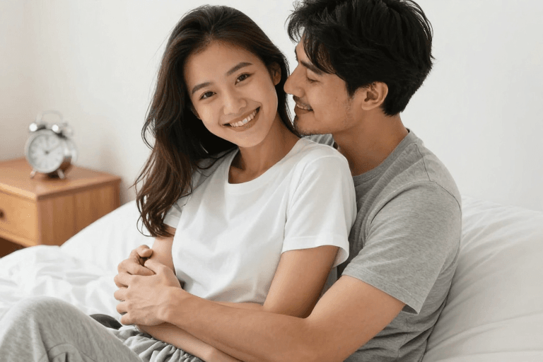 生活方式素材：温馨拥吻：亚洲情侣床上浪漫时刻