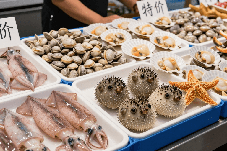 食材陈列素材：新鲜海产实拍：海鲜市场特价促销