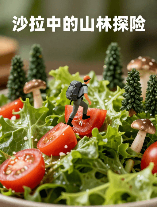 创意美食素材：森林探险趣享：番茄蘑菇的创意沙拉微缩艺术