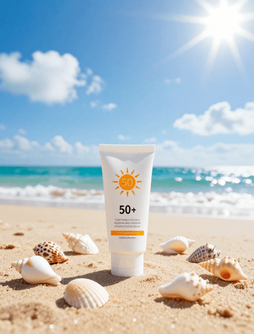 夏日防晒素材：夏日清爽：SPF50+防晒霜海滩实拍