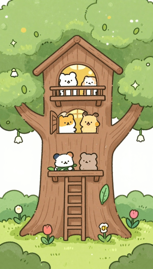 森林素材：森林三层树屋：治愈系卡通插画