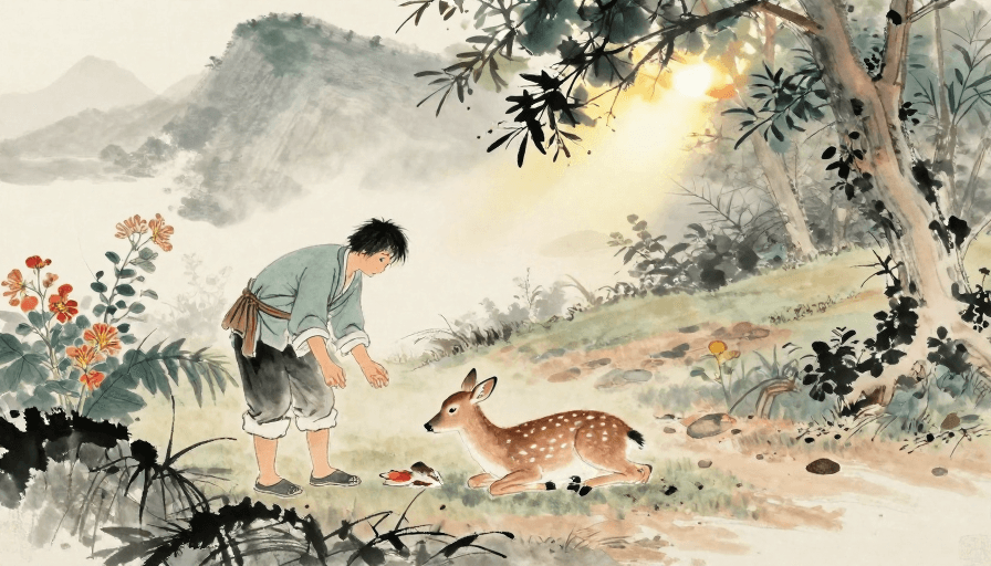 人文关怀素材：水墨山径：农夫守护伤鹿的宁静画面