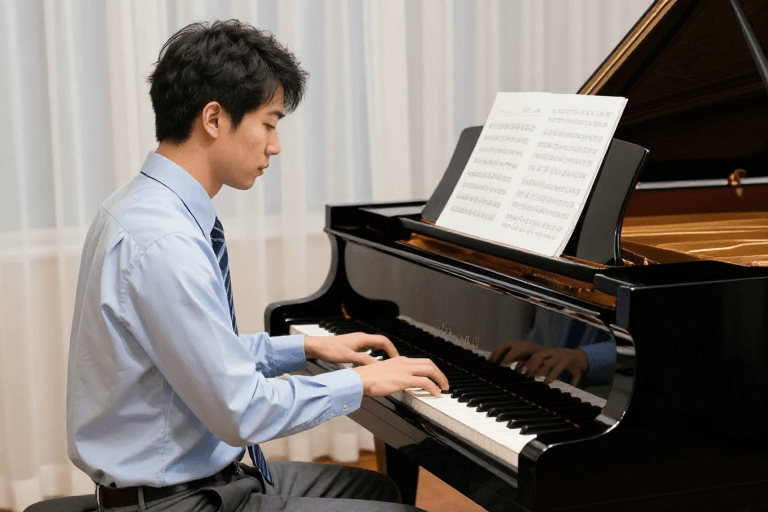 音乐教育素材：亚洲男琴师专注演奏黑三角钢琴 细腻光影摄影作品