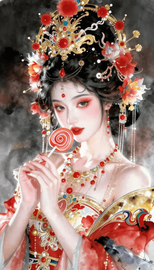 水墨插画素材：盛世红金神秘女，水墨叠涂艺术特写