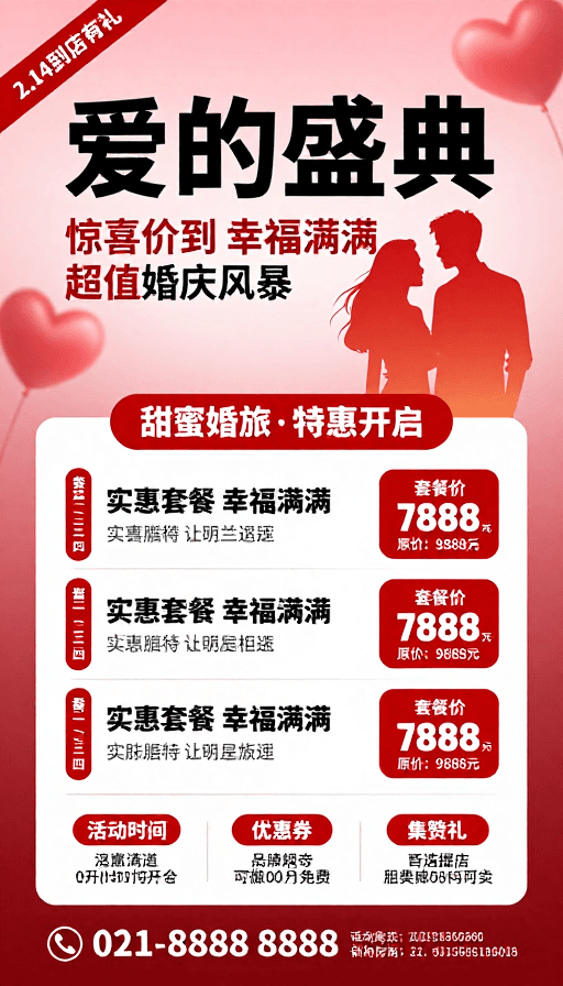 情侣插画素材：红色浪漫婚庆促销：爱的盛典