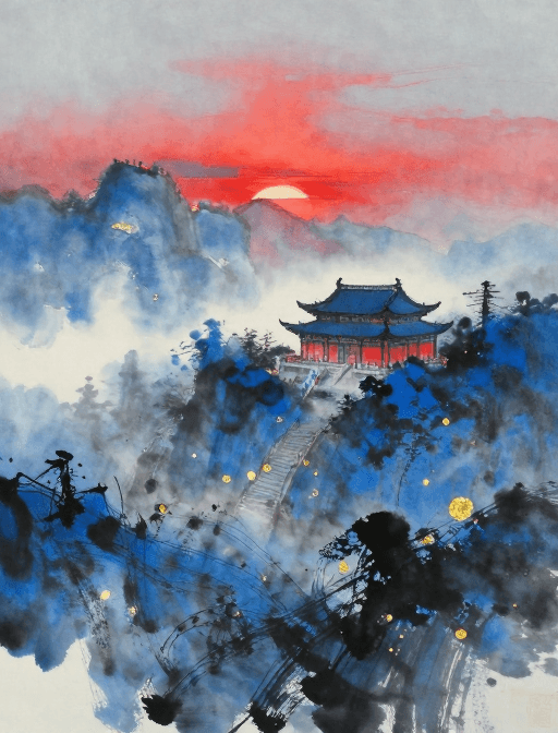 晕染质感素材：晨雾古寺：水墨水彩晕染的禅意留白