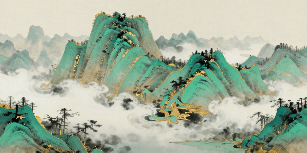 中国山水画素材：青金交织的云雾山水：东方传统水墨意境画卷