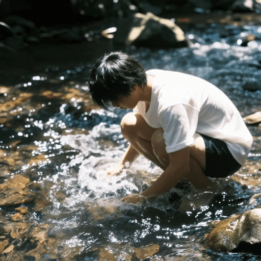 情绪氛围素材：日系胶片少年戏水，平凡瞬间的极致真实