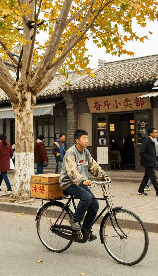 怀旧氛围素材：八十年代老街旧时光：少年与老枫树下的奋斗小卖部