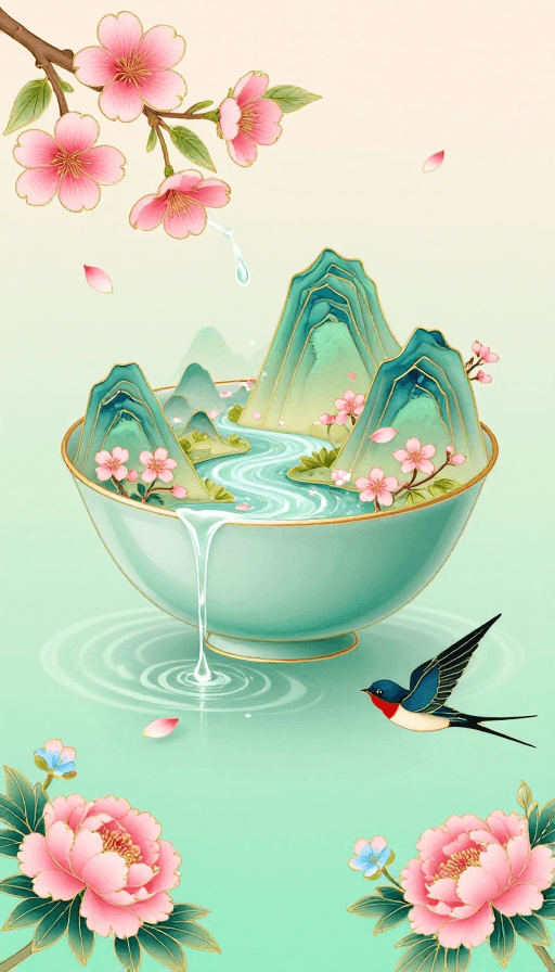 燕子飞舞素材：青瓷碗内微缩山水，工笔樱花点缀春意盎然