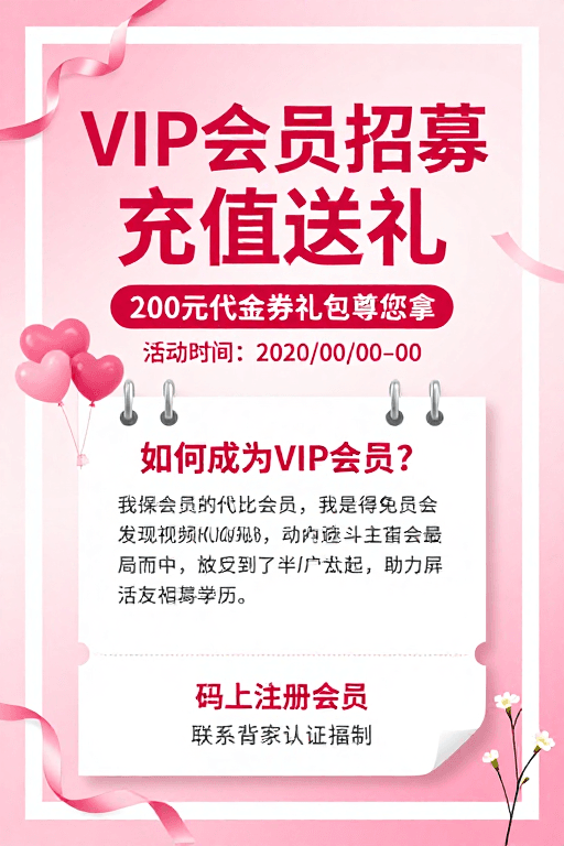 活动宣传素材：粉色浪漫风VIP会员招募海报