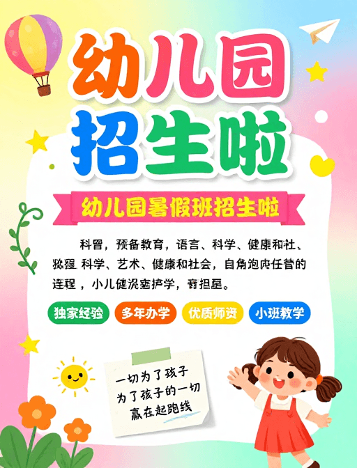 高饱和色彩素材：高饱和童趣风幼儿园暑假班招生海报