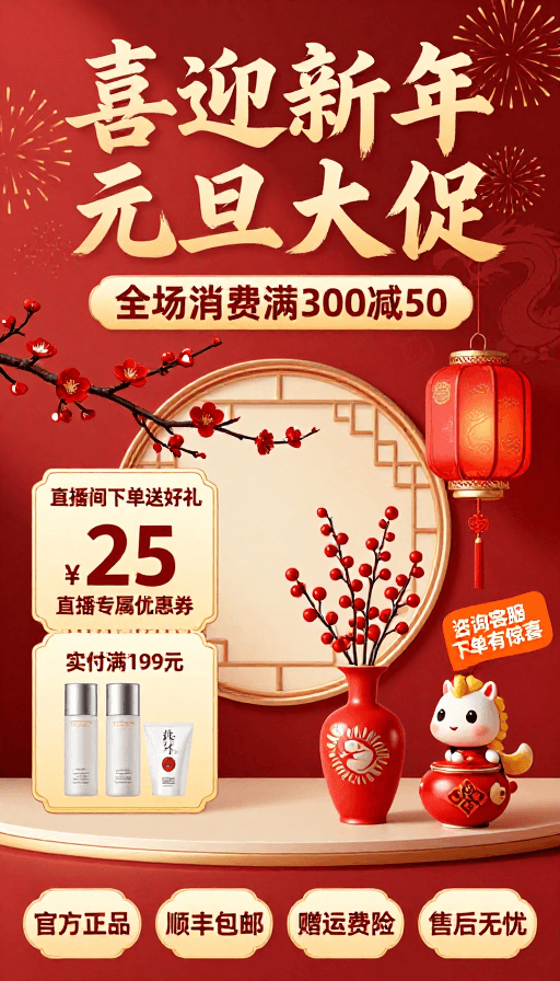 春节元素素材：金虎贺岁·元旦中国风大促海报